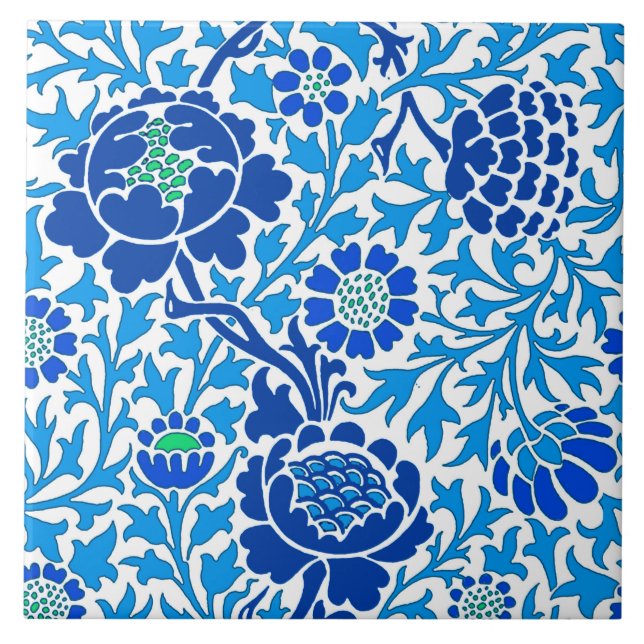 Azulejo De Cerâmica Jacobean Floral, Marinho e azul-ceruliano (Frente)