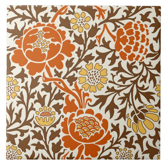 Azulejo De Cerâmica Jacobean Floral, Orange Brown & Mustard Dourado (Frente)