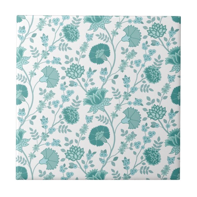 Azulejo De Cerâmica Jacobean Floral Pattern Teals on White (Frente)