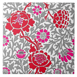 Azulejo De Cerâmica Jacobean Floral, Rosa Vermelho Profundo e Cinza