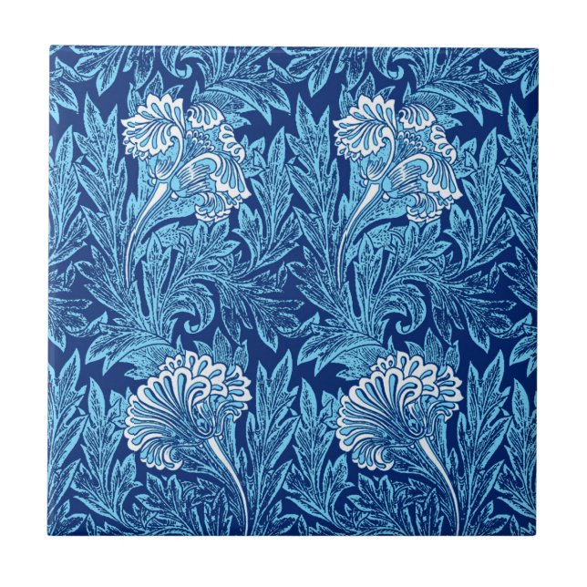 Azulejo De Cerâmica Jacobean Flower Damask, Marinho, Azul-Céu e Branco (Frente)