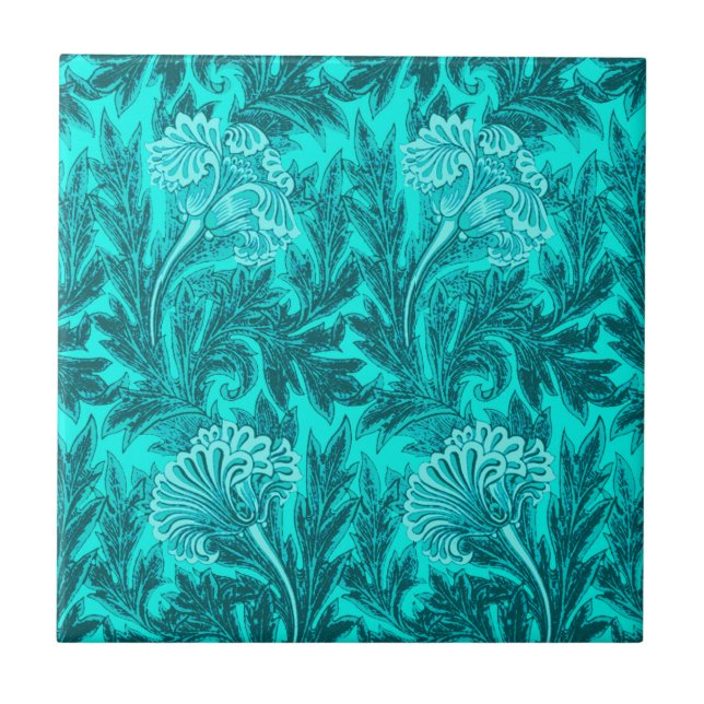Azulejo De Cerâmica Jacobean Flower Damask, Turquoise Teal e Aqua  (Frente)