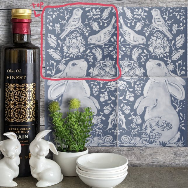 Azulejo De Cerâmica Jacobean Rabbit Birds Denim Blue White Top L (Criador carregado)