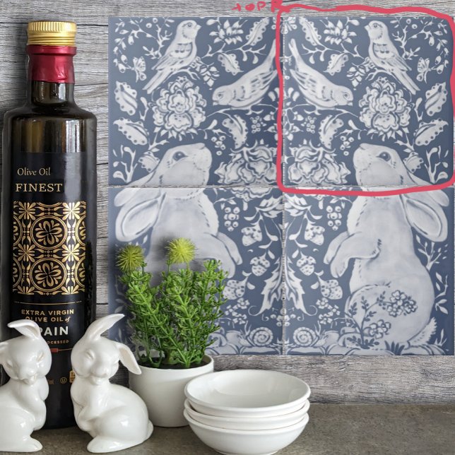 Azulejo De Cerâmica Jacobean Rabbit Birds Denim Blue White Top R (Criador carregado)