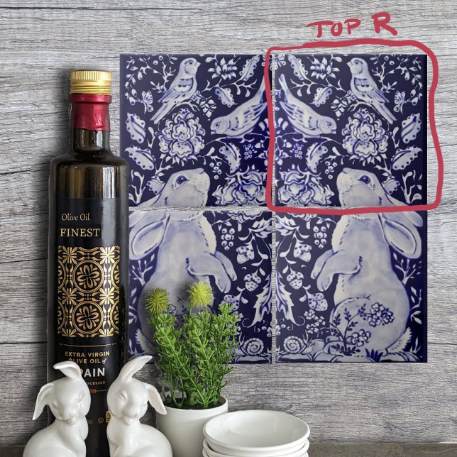 Azulejo De Cerâmica Jacobean Rabbit Birds Flores Azuis Branco Superior (Criador carregado)