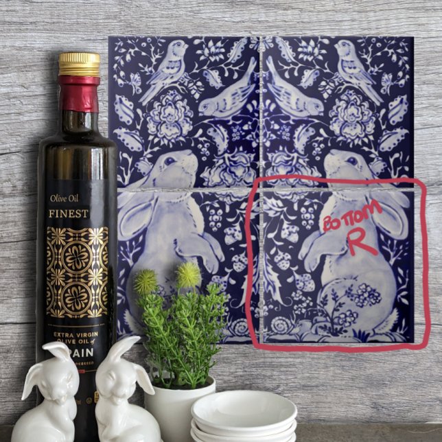 Azulejo De Cerâmica Jacobean Rabbit Birds Flores Azul Branco Inferior  (Criador carregado)