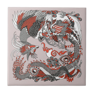 Azulejo De Cerâmica Jade Dragon e Dourada Phoenix brincando com uma pé