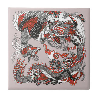 Azulejo De Cerâmica Jade Dragon e Dourada Phoenix brincando com uma pé