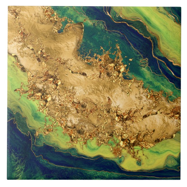 Azulejo De Cerâmica Jade Green and Bronze Gold Abstract (Frente)