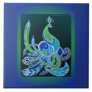 Azulejo De Cerâmica Jade Majestade Elegante Verde e pavão azul