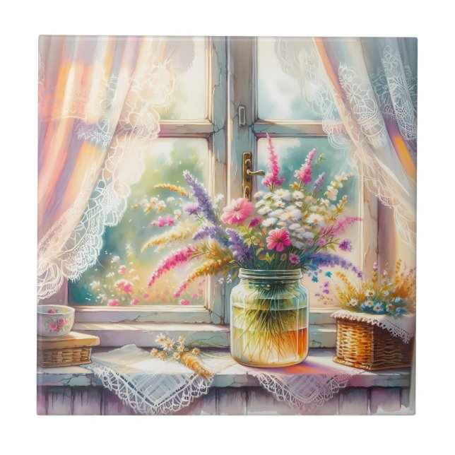 Azulejo De Cerâmica Janela de Casa de Campo Ensolarada com Flores Silv (Frente)