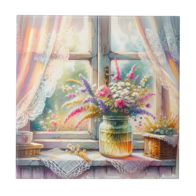 Azulejo De Cerâmica Janela de Casa de Campo Ensolarada com Flores Silv (Frente)