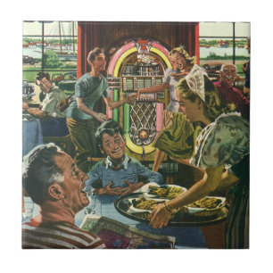 Azulejo De Cerâmica Jantar Familiar Antigo em um Restaurante com uma J