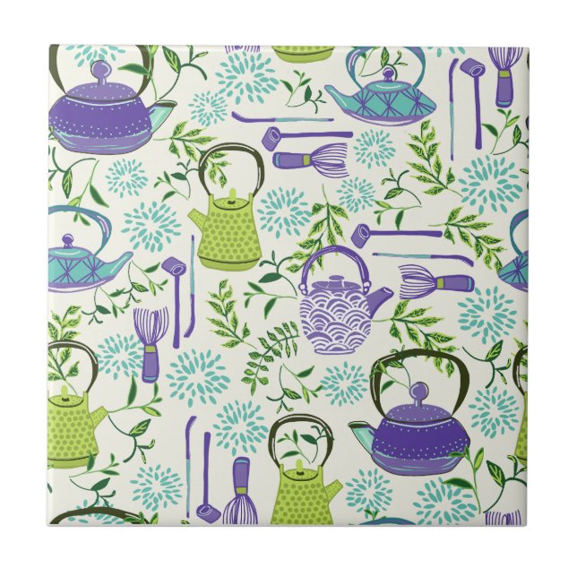 Azulejo De Cerâmica Japanese Green Teapot Design (Frente)