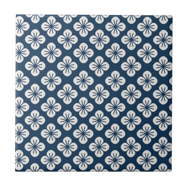 Azulejo De Cerâmica Japanese Navy Blue Ivory Floral Geometric Pattern (Frente)