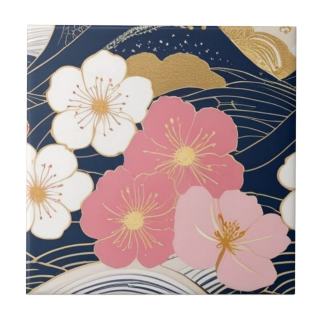 Azulejo De Cerâmica Japanese Waves and Blossoms Ceramic Tile - Piece 3 (Frente)