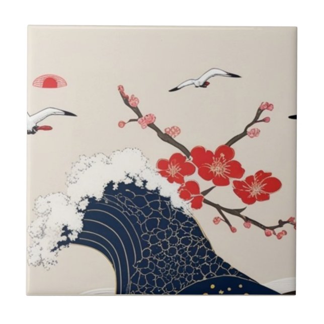 Azulejo De Cerâmica Japanese Waves and Blossoms Ceramic Tile - Piece 6 (Frente)
