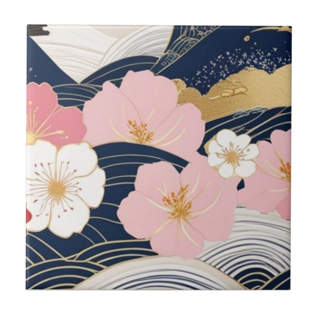 Azulejo De Cerâmica Japanese Waves and Blossoms Ceramic Tile - Piece 7 (Frente)