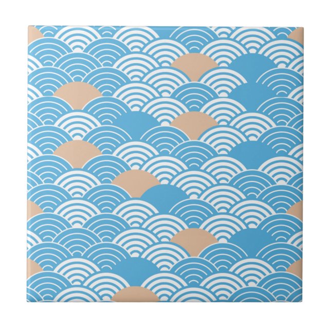 Azulejo De Cerâmica Japanese Waves Pattern Light Blue Beige White (Frente)