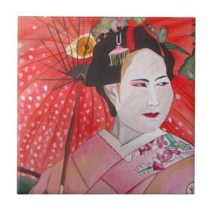 Azulejo De Cerâmica Japonês Geisha com arte original de guarda-chuva v