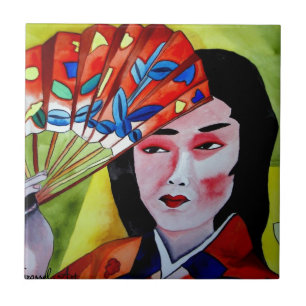 Azulejo De Cerâmica japonês Geisha com fã de pintura de arte original