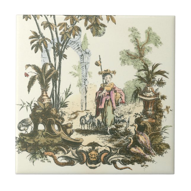 Azulejo De Cerâmica Jardim Asiático com Mulher e Animais (Frente)