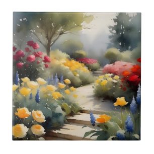 Azulejo De Cerâmica Jardim bonito com flores azuis de rosas amarelas v