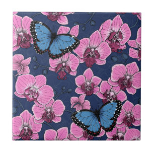 Azulejo De Cerâmica Jardim Botânico de Orquídeas com Borboletas