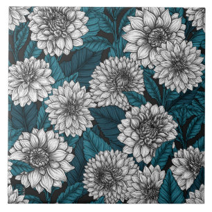 Azulejo De Cerâmica Jardim branco Dahlia/ folhas azuis