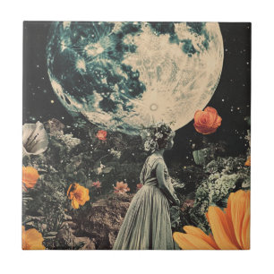Azulejo De Cerâmica Jardim Celestial da Lua Menina Floral Sépia