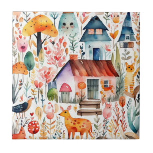 Azulejo De Cerâmica Jardim de algodão, animais de campo floral