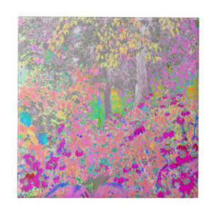 Azulejo De Cerâmica Jardim de Aquarelas Sunrise com Flores Roxas