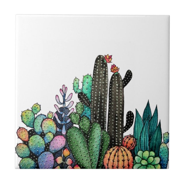 Azulejo De Cerâmica Jardim De Cactus Caquetado Em Pote (Frente)