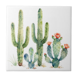Azulejo De Cerâmica Jardim de Cactus do Deserto em Aquarela