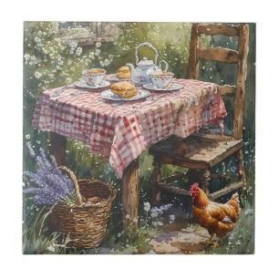 Azulejo De Cerâmica Jardim de Cottage Chá da Manhã Aquarela