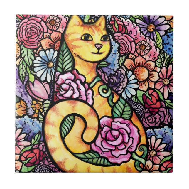 Azulejo De Cerâmica Jardim de Flores de Gato Laranja (Frente)
