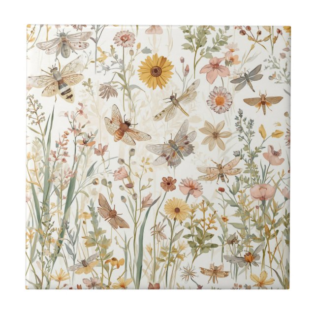 Azulejo De Cerâmica Jardim de Flores Silvestres Borboletas Botânicas F (Frente)