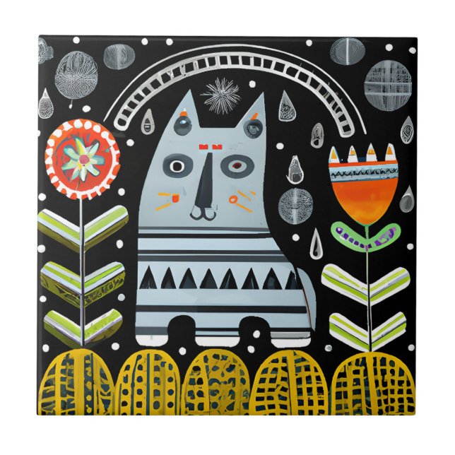 Azulejo De Cerâmica Jardim de Gatos de Arte Popular Escandinávia (Frente)