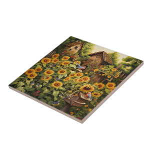 Azulejo De Cerâmica Jardim de Girassol 12 Casas de Aves Azuis