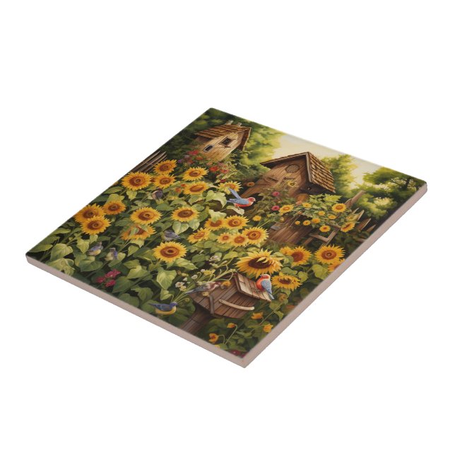 Azulejo De Cerâmica Jardim de Girassol 12 Casas de Aves Azuis (Lateral)