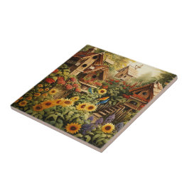 Azulejo De Cerâmica Jardim de Girassol 13 Casas de Aves Azuis