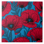 Azulejo De Cerâmica Jardim de papoila vermelho em azul<br><div class="desc">Padrão vetorial feito de papoilas desenhadas à mão.</div>