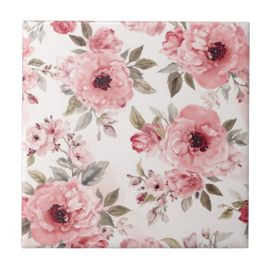 Azulejo De Cerâmica Jardim de Rosas Rosa Floral Aguarela Botânica Bege