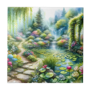 Azulejo De Cerâmica Jardim Encantado da Cachoeira com Lago de Lírios