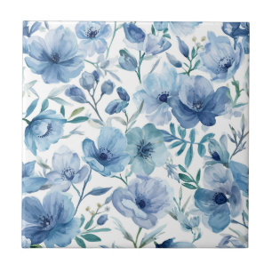 Azulejo De Cerâmica Jardim Floral Botânico Azul em Aquarela