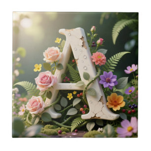 Azulejo De Cerâmica Jardim Floral Branco com Monograma da Letra A