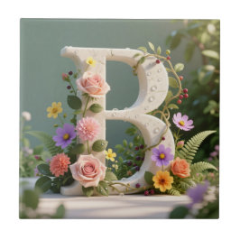 Azulejo De Cerâmica Jardim Floral Branco com Monograma da Letra B