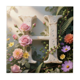 Azulejo De Cerâmica Jardim Floral Branco com Monograma da Letra H