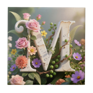 Azulejo De Cerâmica Jardim Floral Branco Letra Monograma M
