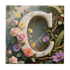 Azulejo De Cerâmica Jardim Floral Branco Monograma Letra C